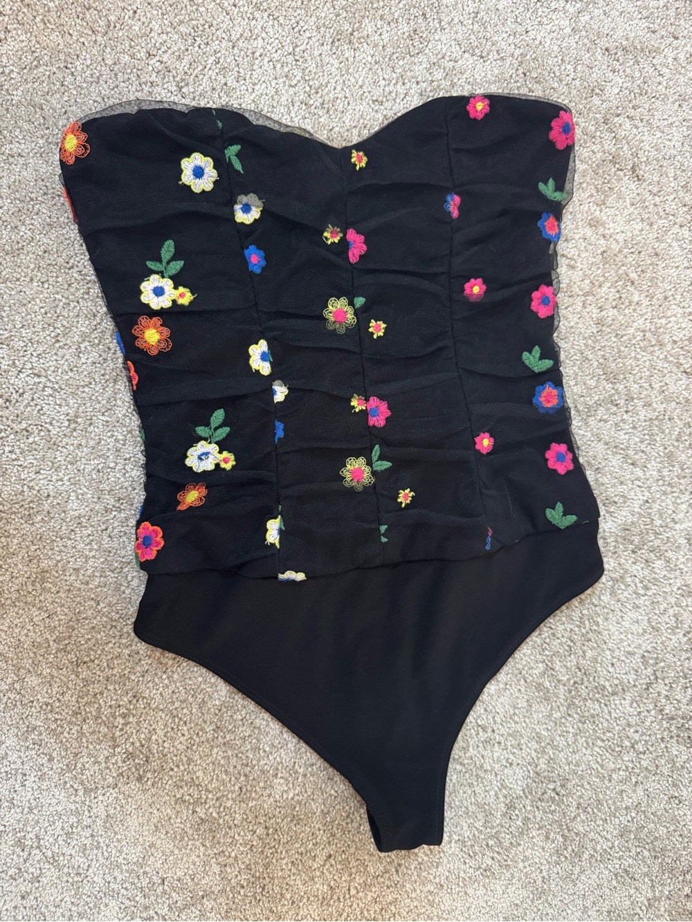 Lovers + Friends Floral Embroidered Strapless Bodysuit XS Black